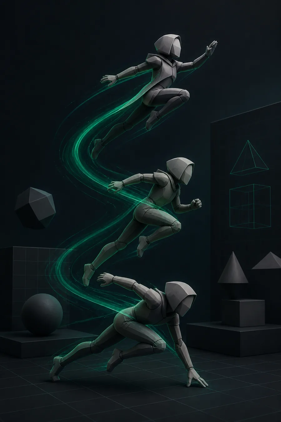 Character animation timeline beside a stylized 3D figure