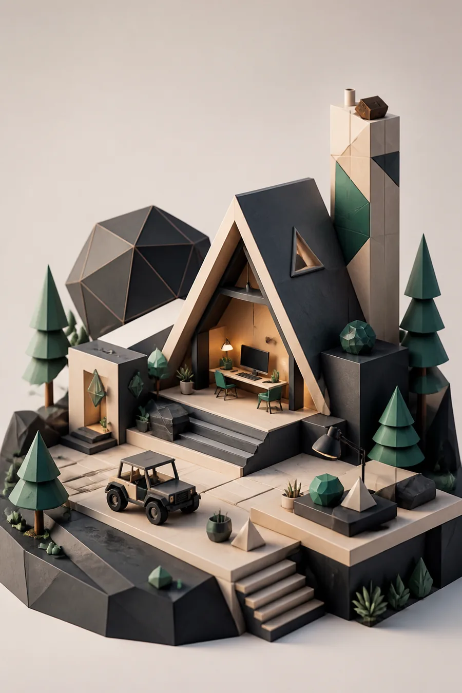 Block-built 3D environment with a vehicle and trees