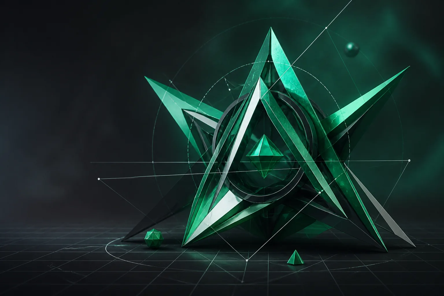 Stylized 3D scene with teal lighting, a wireframe floor, and floating geometric forms