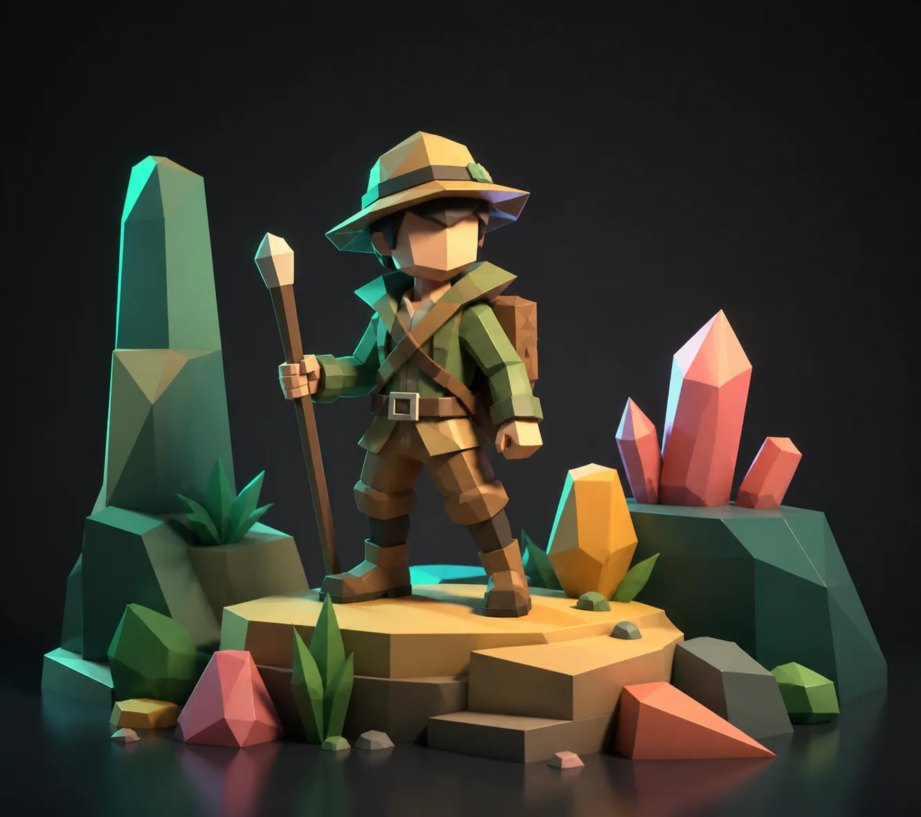 Stylized animated character posed inside a colorful 3D scene