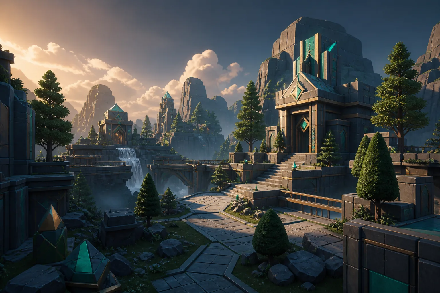 Stylized 3D world with geometric buildings, trees, and warm light